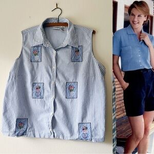 Vintage 90’s striped‎ sleeveless floral button up shirt size 18
